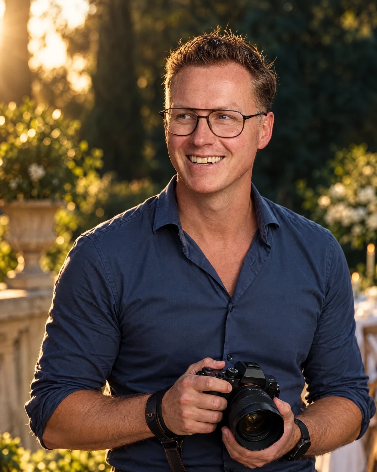 Antonio Flavio smiling and holding his camera outdoors