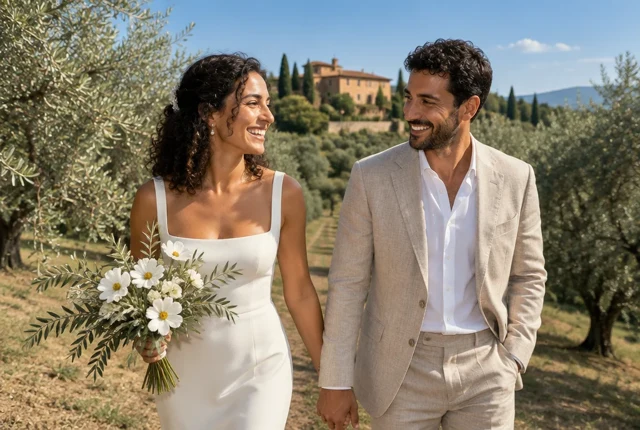 Jeremy and Cindy walking hand in hand beneath olive trees