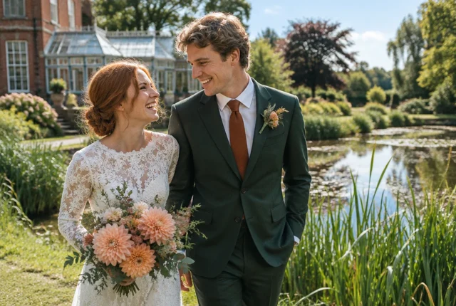 Peter and Erin standing together beside a garden pond