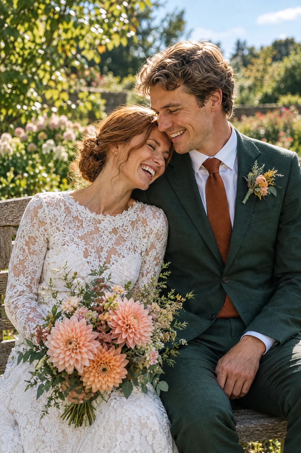 Peter and Erin leaning close beneath leafy trees